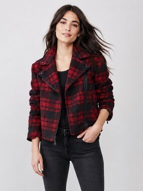 GAP Red Buffalo Plaid Asymmetrical Zip Flannel Moto Jacket